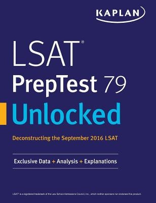 Kaplan Publishing LSAT PrepTest 79 paperback with book cover showing title and author, focused on LSAT practice questions.