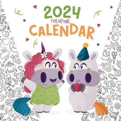 Paperback 2024 Unicorns Coloring Calendar by Lily Heart featuring whimsical unicorn illustrations for coloring enjoyment.