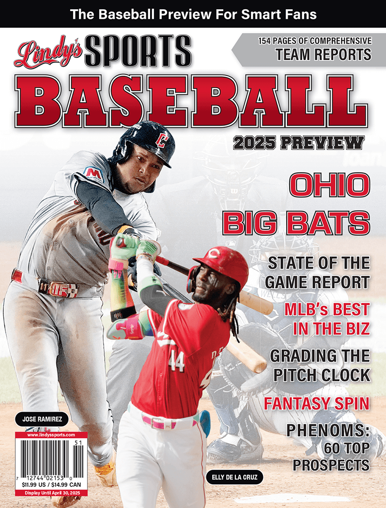 Lindy’s Sports 2025 Pro Baseball Magazine with varied cover images featuring baseball players and team highlights.