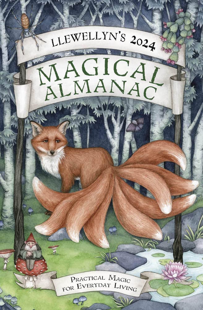 Paperback of Llewellyn's 2024 Magical Almanac by Llewellyn Publications with cover design featuring mystical symbols and vibrant colors.