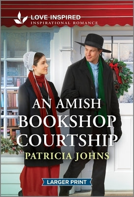 Mass market paperbound of "An Amish Bookshop Courtship" by Love Inspired Larger Print, featuring a warm, inviting book cover with Amish themes.