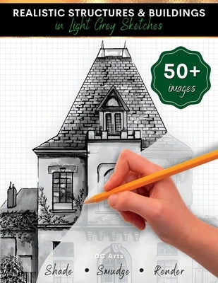 Paperback architecture drawing book with light grey sketches of realistic structures and buildings for kids and teens.