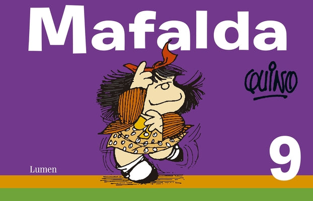 Paperback of Mafalda 9 Spanish edition by Lumen Press, featuring colorful comic strip illustrations on the cover.