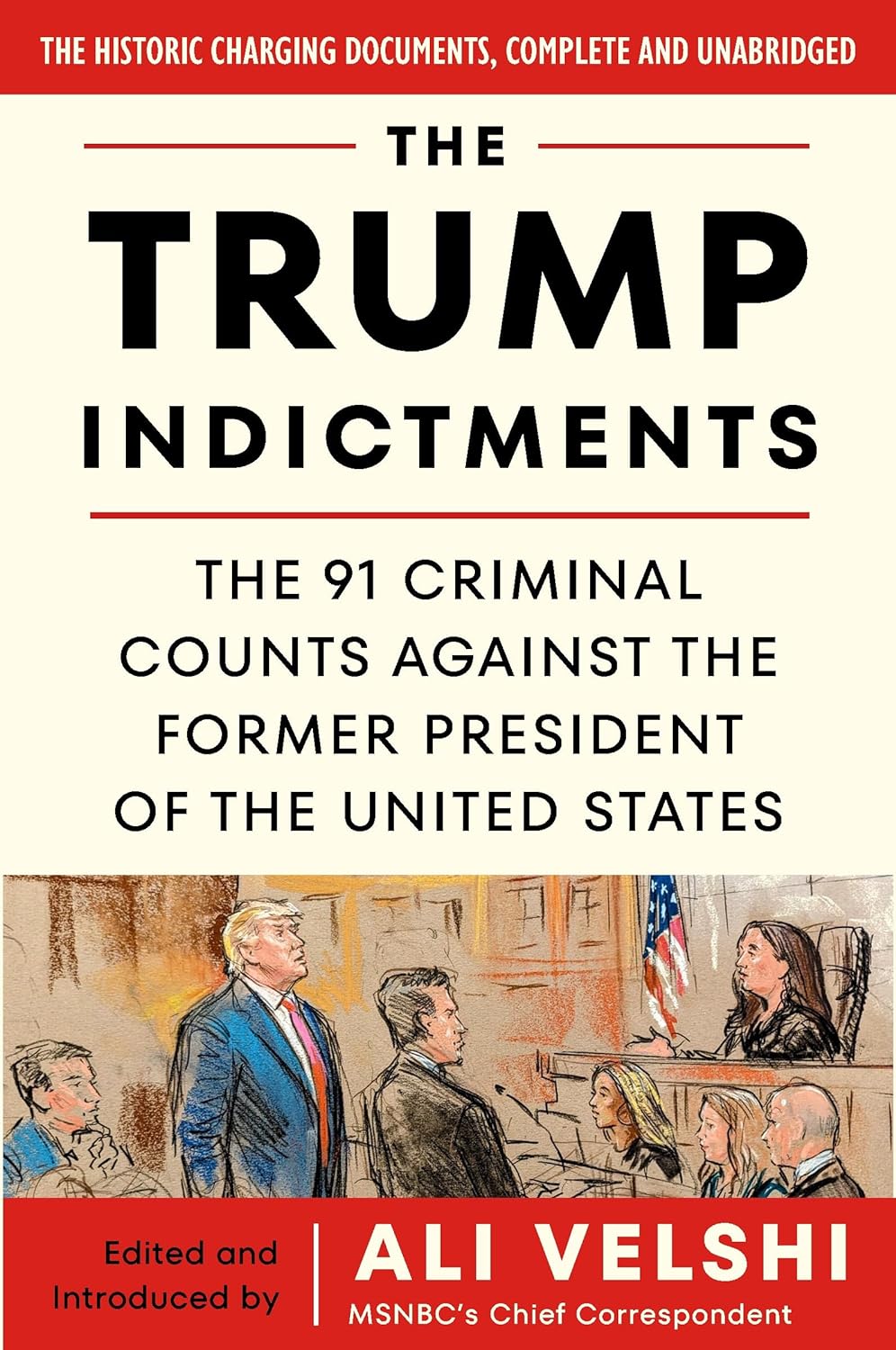 Paperback book titled "The Trump Indictments" by Mariner Books, detailing the 91 criminal counts against the former U.S. president.