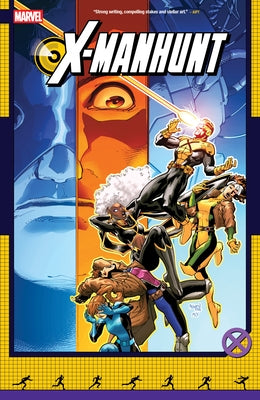 Paperback Marvel Universe X-Manhunt book featuring cover art with Marvel characters and dynamic action scene.