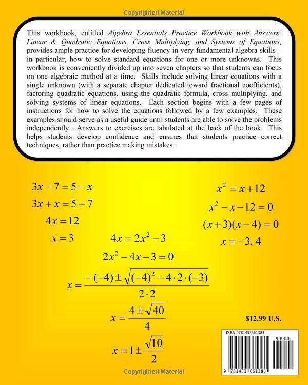 Algebra Essentials Practice Workbook with Answers: Linear & Quad - TX Corrections Bookstore