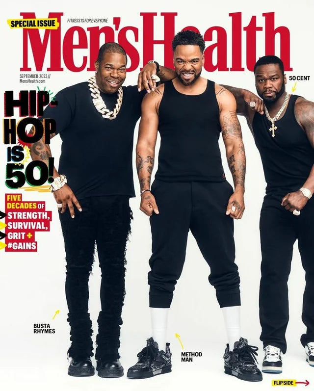 Men's Health Magazine cover featuring the Hip Hop is 50 issue with bold graphics and engaging headlines.
