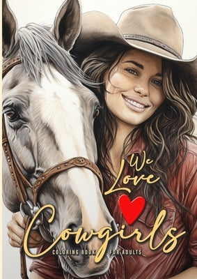 Open paperback coloring book with grayscale cowgirls and horses illustrations for adults, featuring outdoor scenes in A4 size.