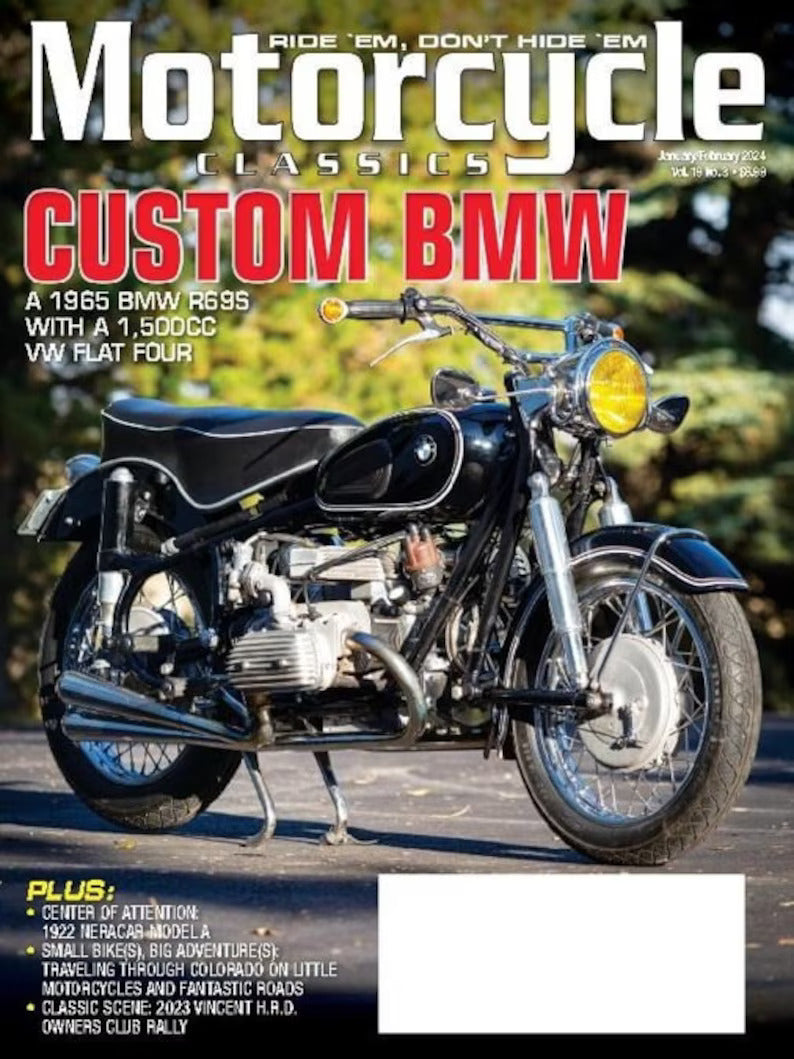 Motorcycle Classics Magazine January-February 2024 issue featuring vintage motorcycles and classic bike articles.