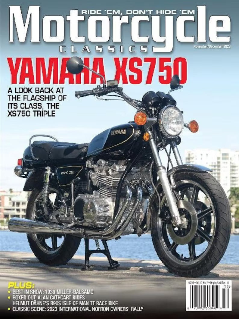 Motorcycle Classics magazine cover featuring November-December 2023 issue with vintage motorcycle images and articles.
