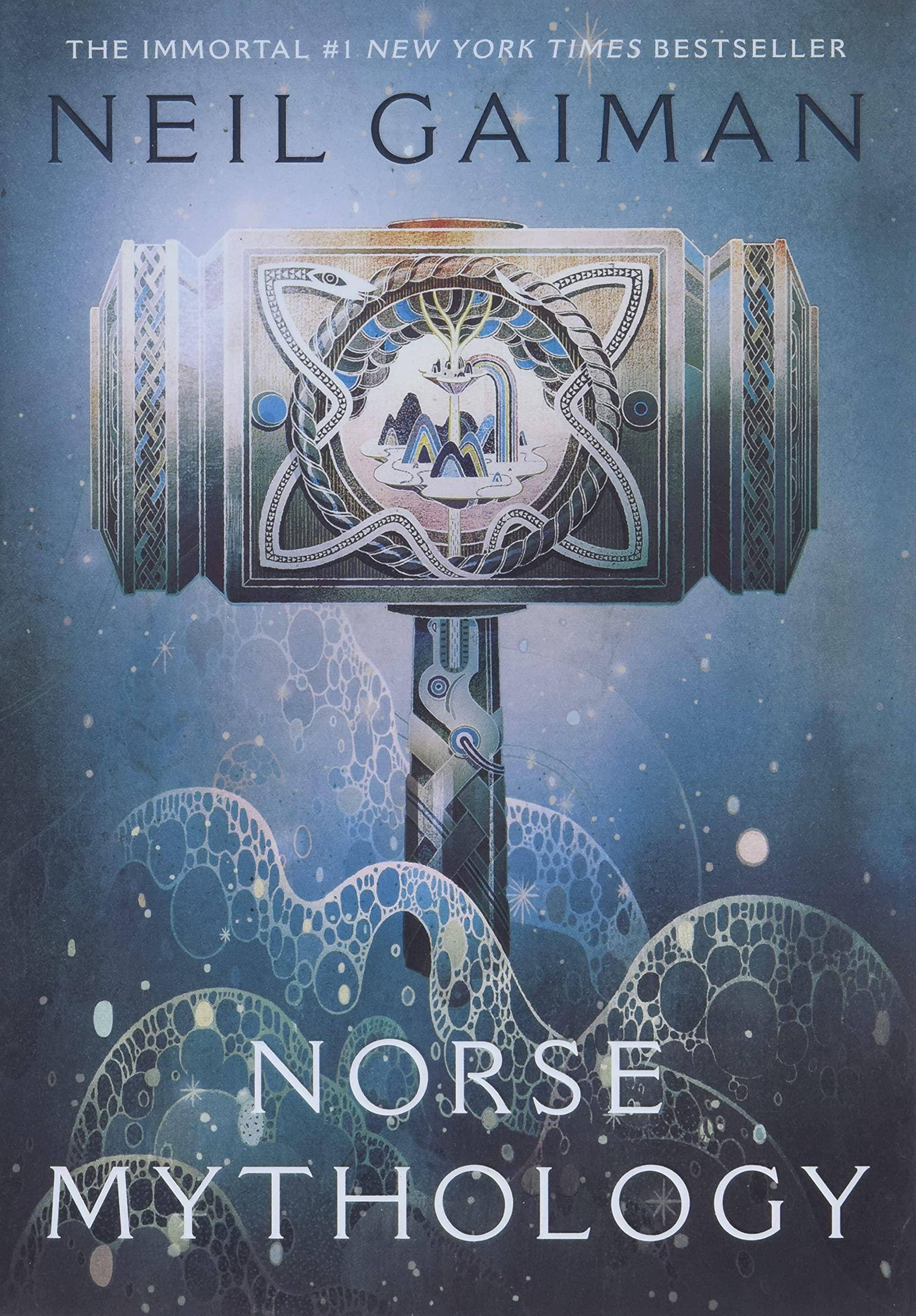 Cover image of Neil Gaiman's Norse Mythology book, featuring a fantasy-inspired illustration on the literature and fiction title.