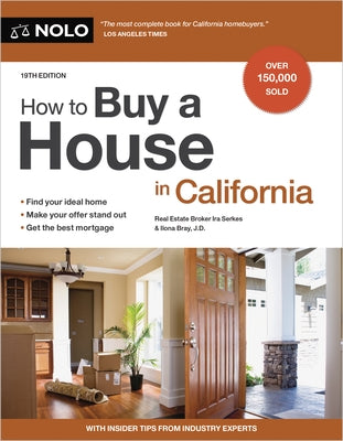Paperback book titled "How to Buy a House in California" by NOLO, featuring a cover with real estate and California imagery.