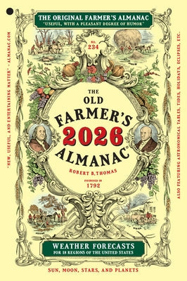 Paperback of the 2026 Old Farmer's Almanac with a vintage-style cover featuring farm and weather illustrations.