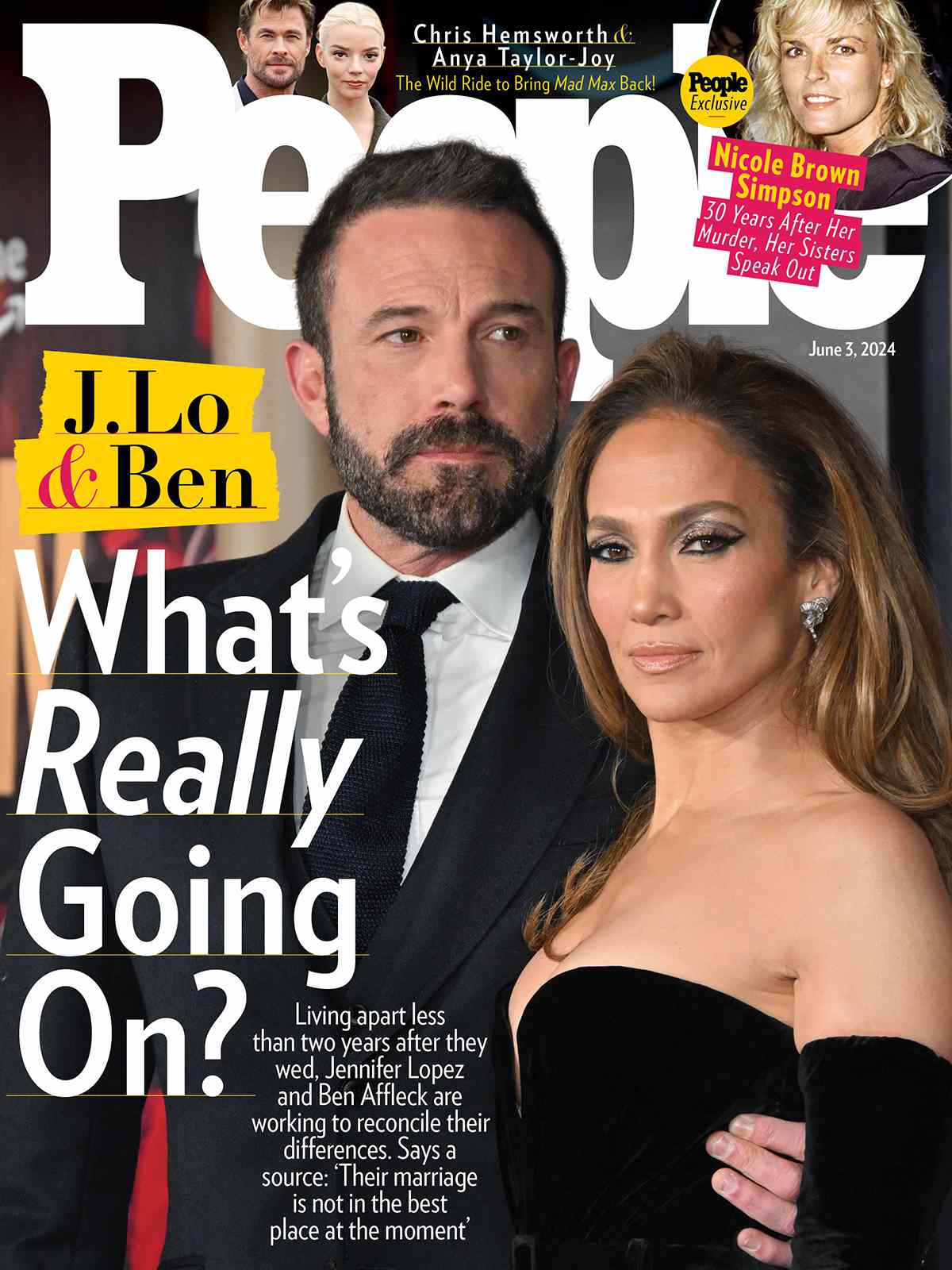 People Magazine cover featuring Jennifer Lopez and Ben Affleck embracing, showcasing their romance and magazine branding.