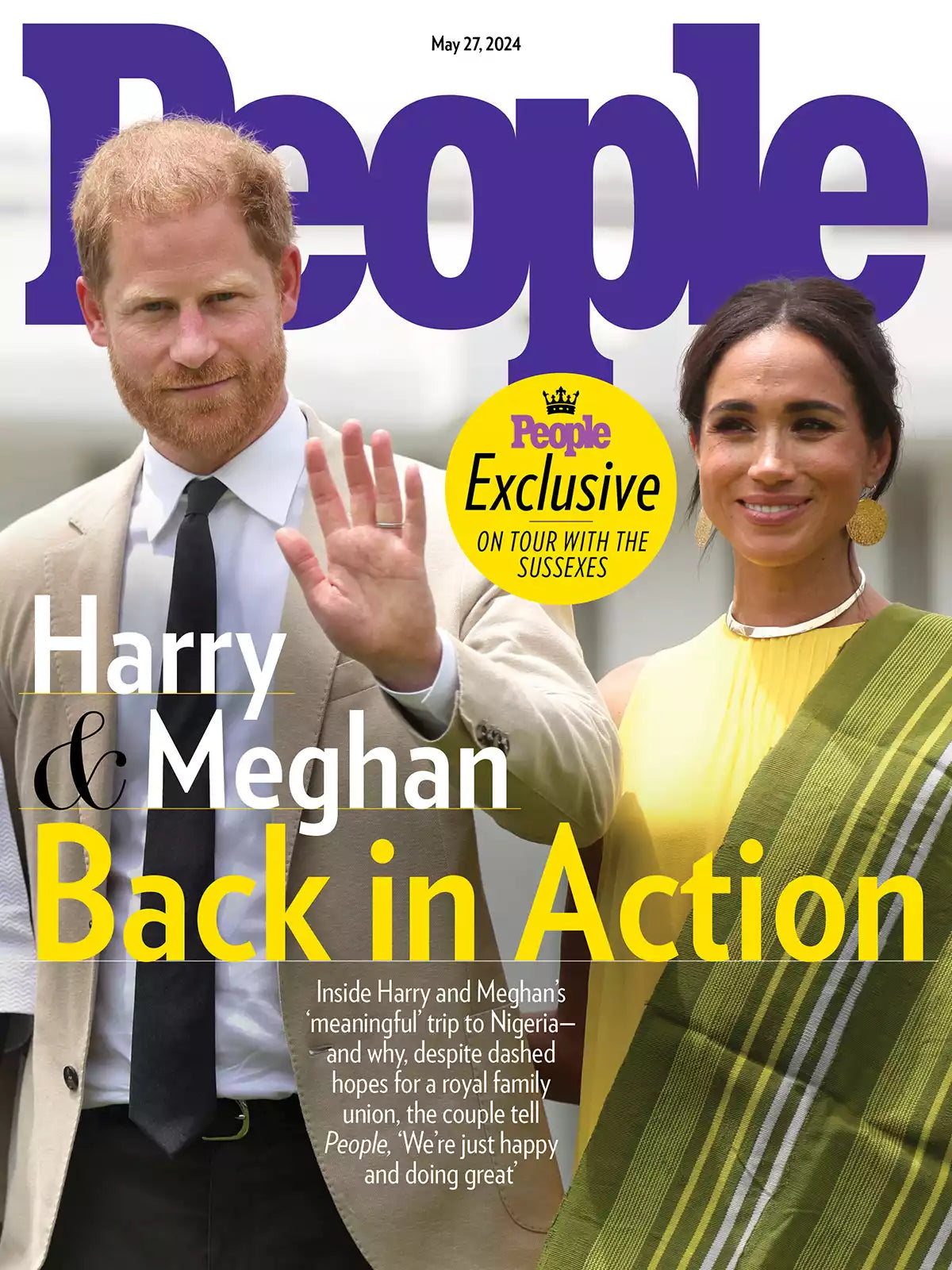 Cover of People Magazine featuring Harry and Meghan, showcasing their latest headlines and images.