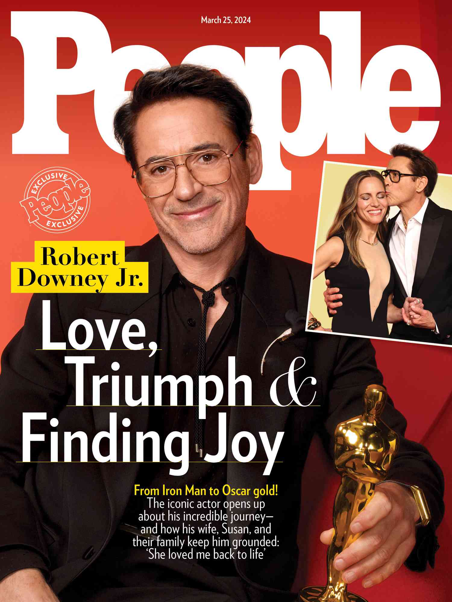 Robert Downey Jr. on the cover of People Magazine, featuring his Oscars appearance and stylish attire.