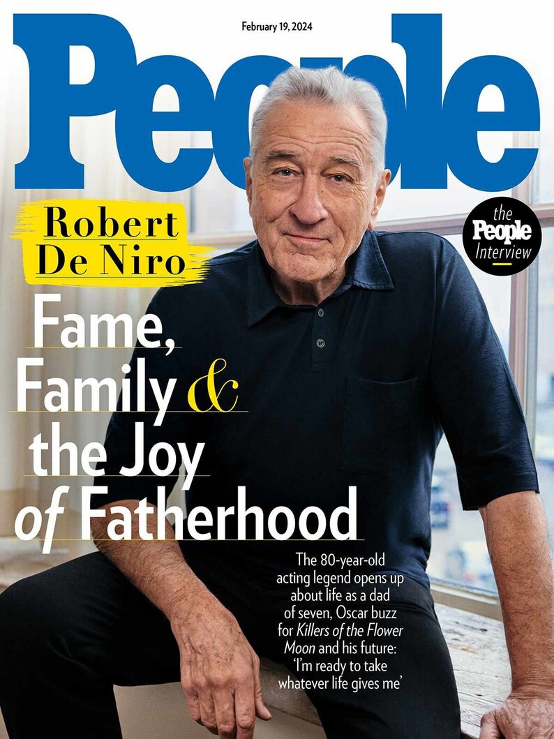 Robert De Niro featured on the cover of People Magazine, showcasing a close-up portrait and magazine title.