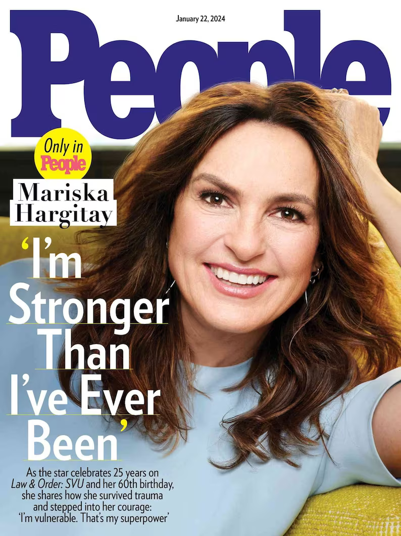Mariska Hargitay on the cover of People Magazine, showcasing her strength and resilience in a vibrant photo.