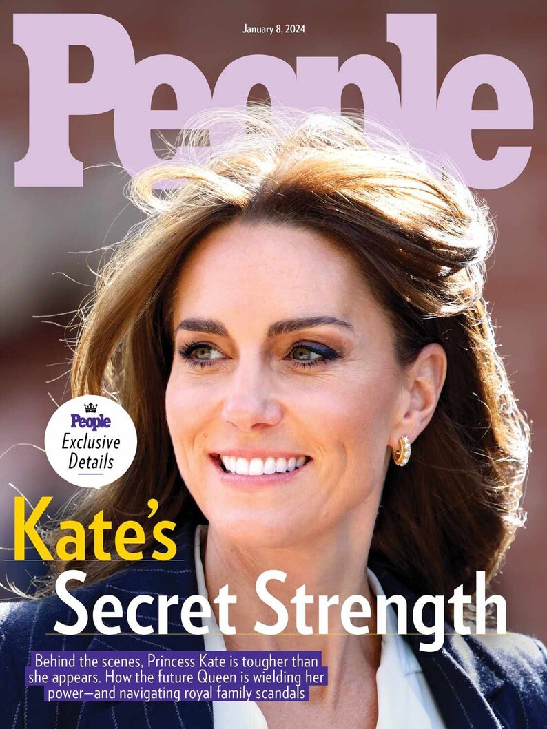 Cover of People Magazine featuring Kate Middleton with the headline "Secret Strength" and a vibrant portrait of her.
