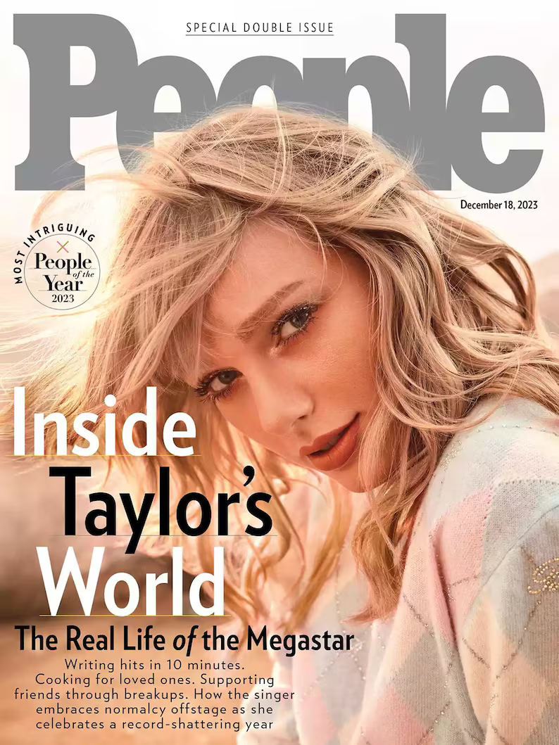 Cover of People Magazine featuring Taylor Swift with vibrant images and headlines about her life and career.