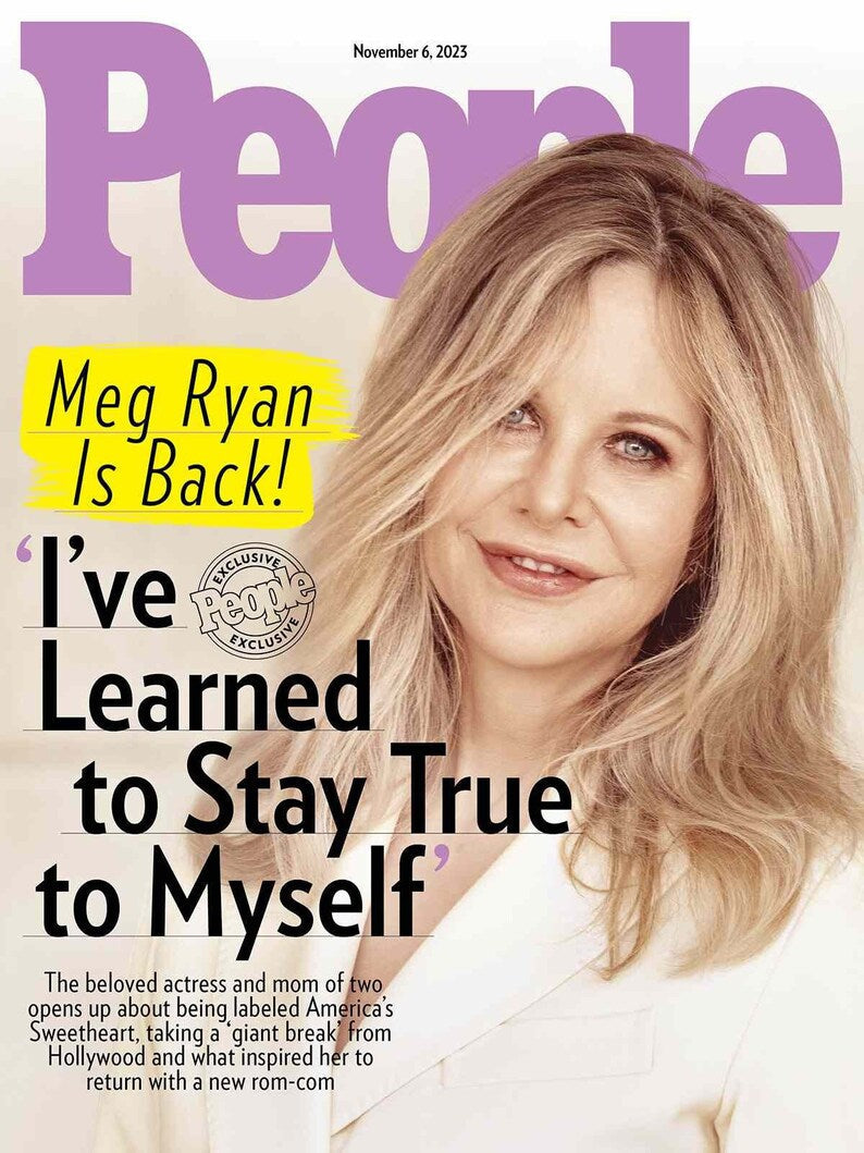 Meg Ryan featured on the cover of People Magazine, showcasing her latest interview and stunning portrait.