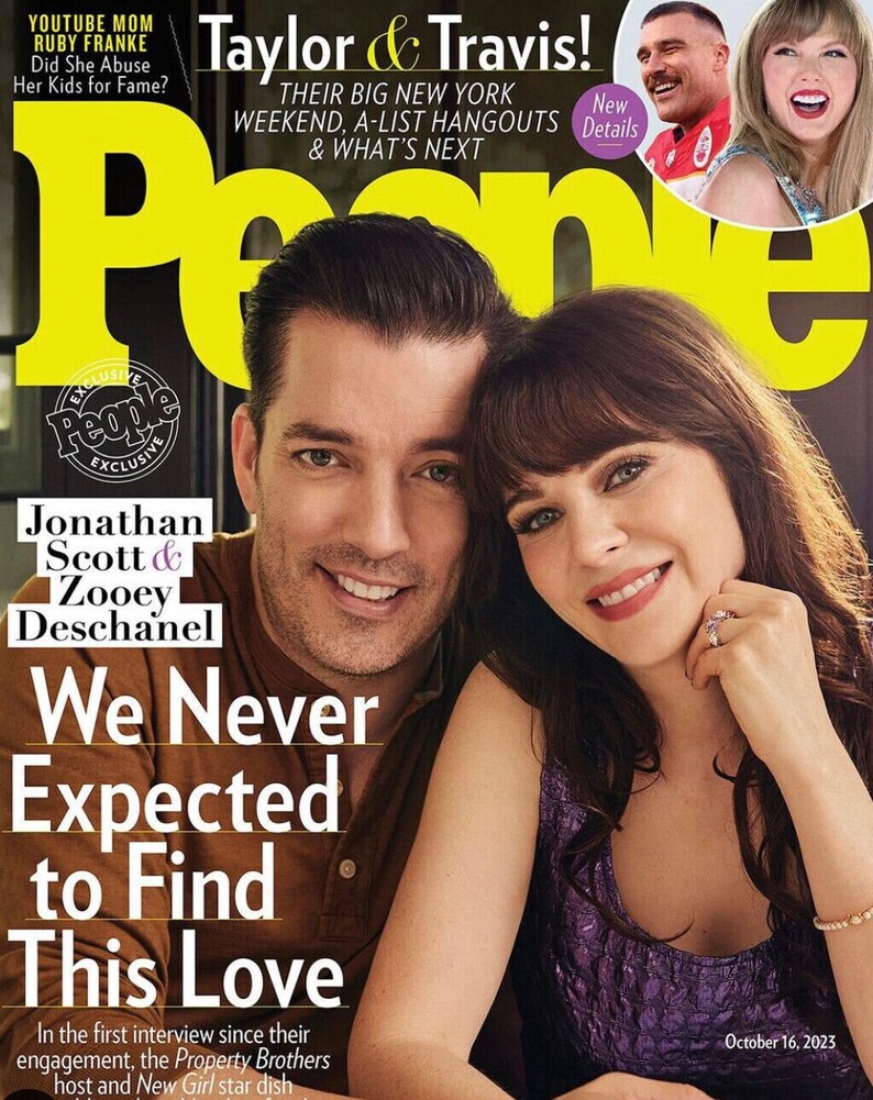 Cover of People Magazine featuring Jonathan Scott and Zooey Deschanel smiling together.
