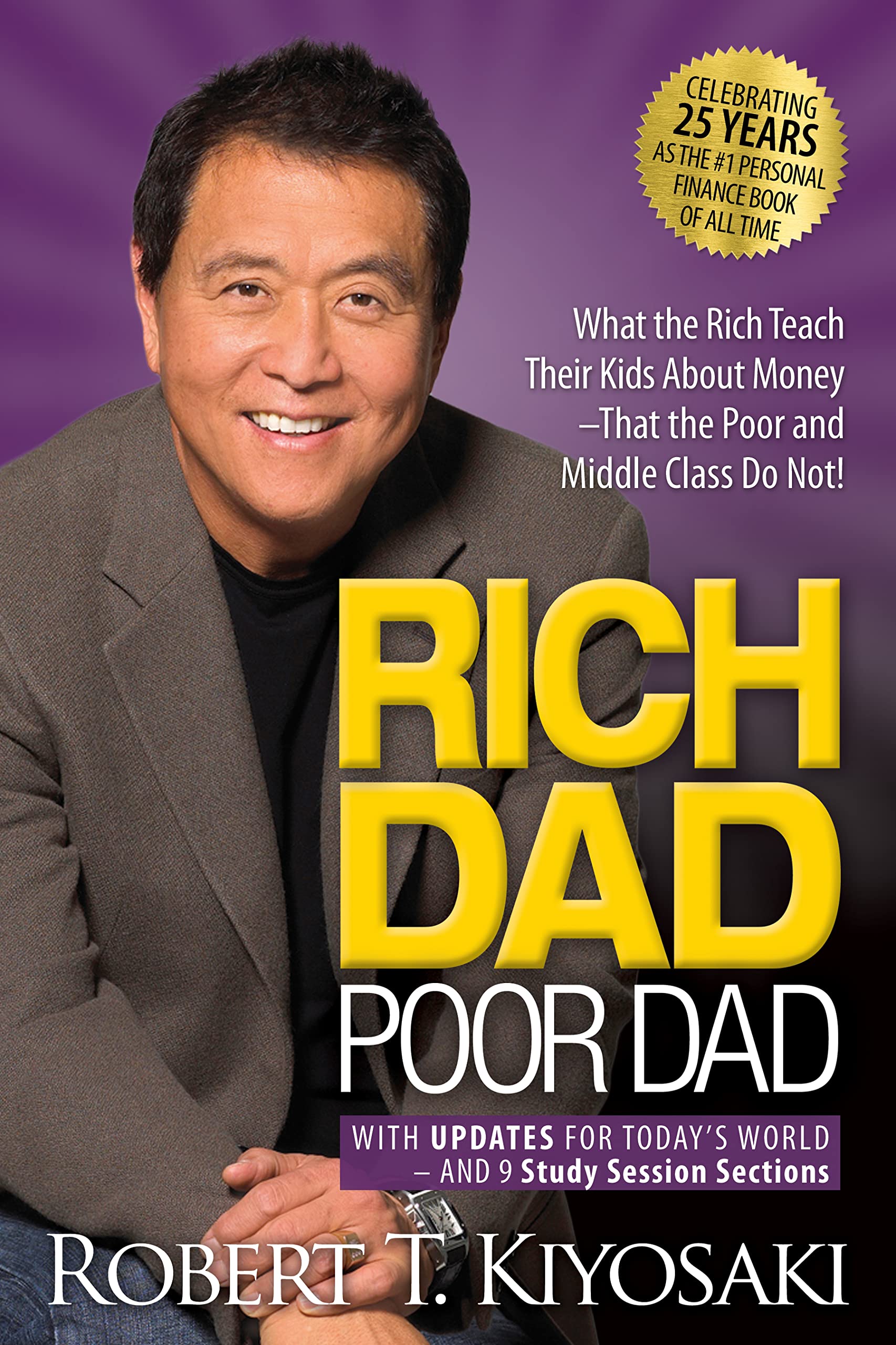 Paperback edition of Rich Dad Poor Dad book by Plata Publishing, featuring the title and anniversary 25th edition on the cover.