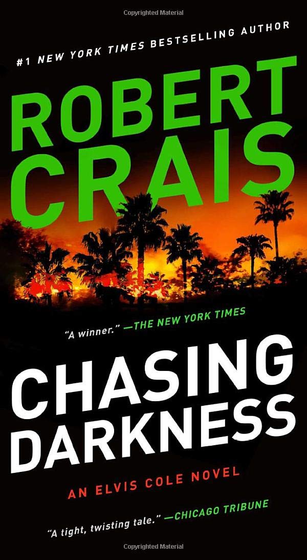 Cover image of the reissued novel "Chasing Darkness" from the Elvis Cole series by Pocket Books featuring dark-themed artwork.