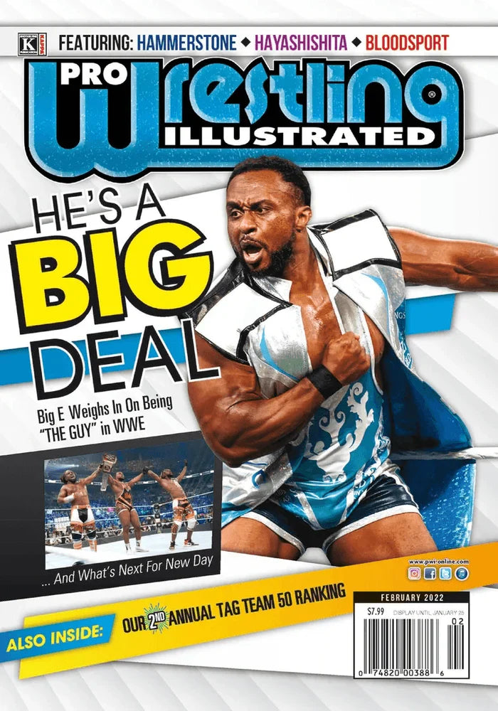 February 2022 issue of Pro Wrestling Illustrated magazine featuring wrestling cover art and vibrant graphics.