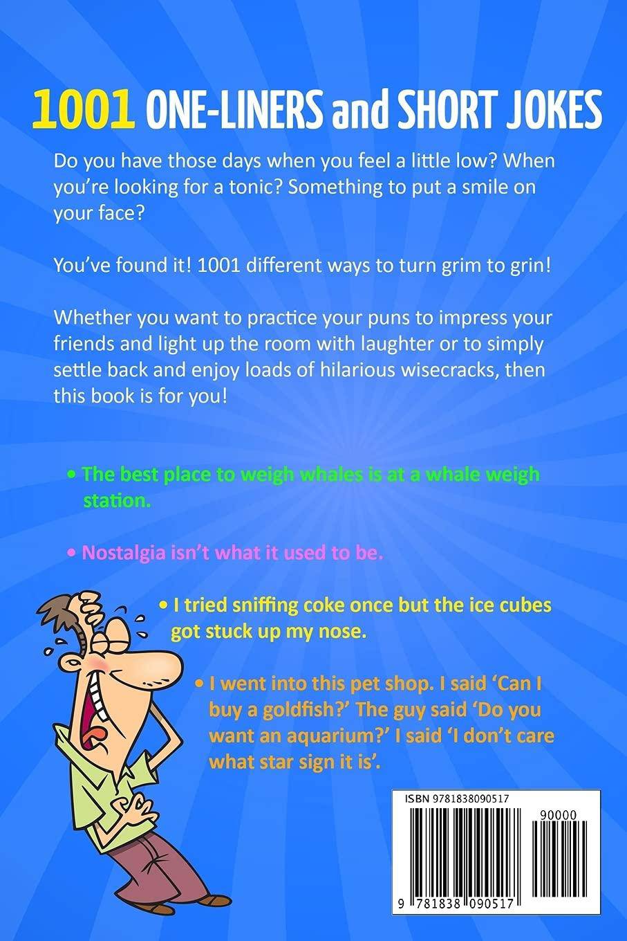 Cover image of "1001 One-Liners and Short Jokes" book by Raham Cann, featuring a colorful title design and humorous theme.