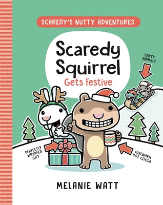 Cover image of "Scaredy Squirrel Gets Festive" paperback graphic novel by Random House Graphic featuring a colorful squirrel character.