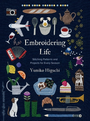 Paperback book titled "Embroidering Life" by Roost Books, featuring stitching patterns and projects for all seasons.