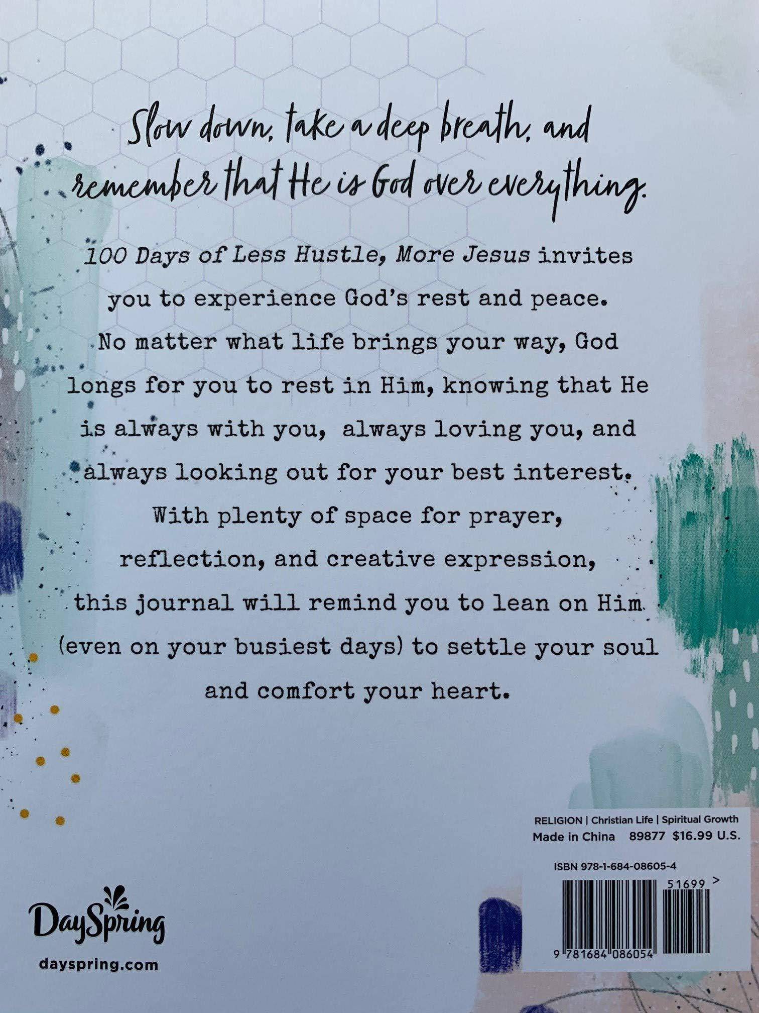 Devotional journal titled "100 Days of Less Hustle, More Jesus" by Shanna Noel, featuring religious design and inspiring cover art.