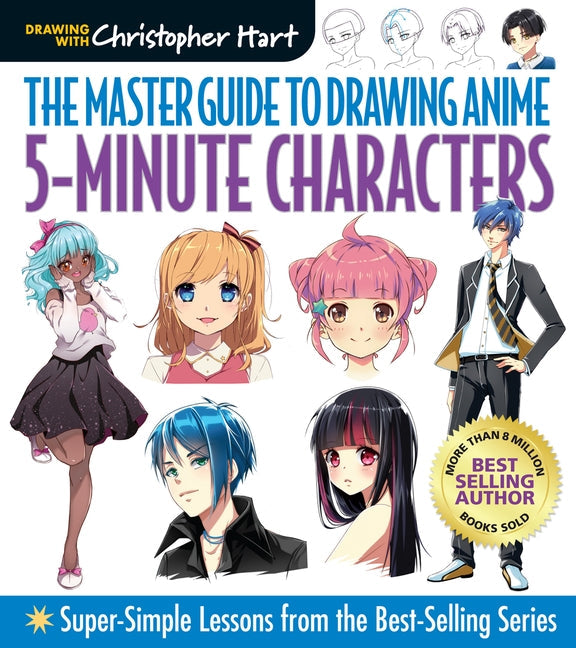 Paperback copy of Master Guide to Drawing Anime: 5-Minute Characters by Sixth & Spring Books, featuring colorful anime character illustrations.