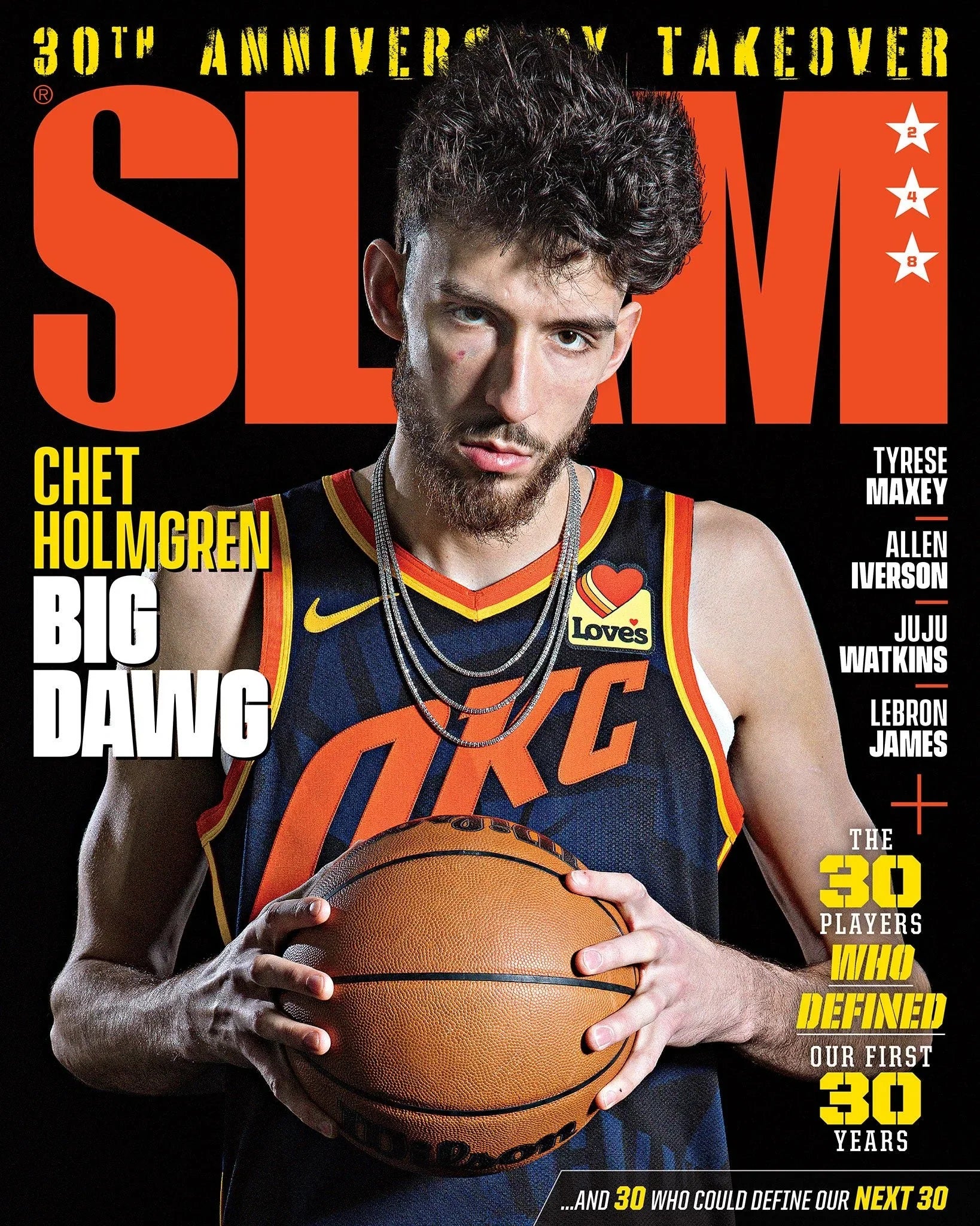 Slam Magazine cover featuring Chet Holmgren in action, showcasing basketball highlights and dynamic design.