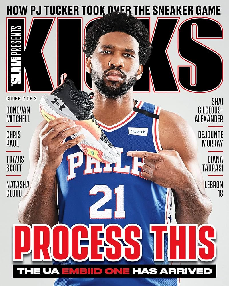 Slam Magazine cover featuring basketball highlights and player profiles in vibrant colors and dynamic layout.