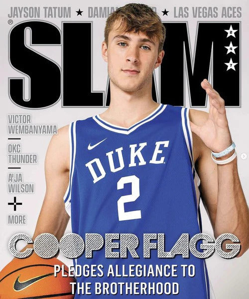 Slam Magazine cover featuring December 2023 to January 2024 issue with basketball-themed graphics and vibrant colors.