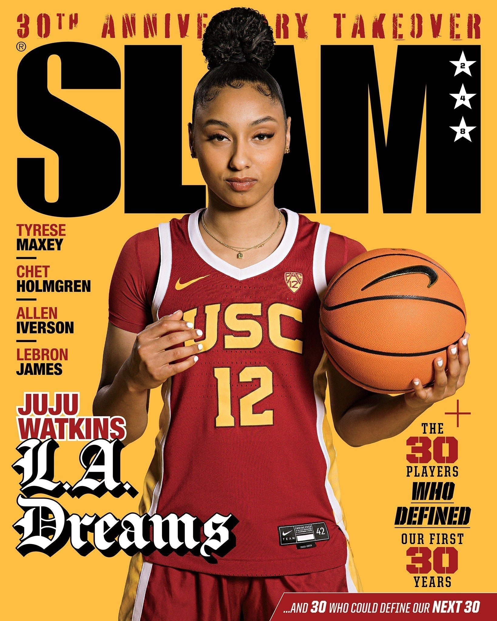 Slam Magazine issue featuring Juju Watkins on the cover, showcasing vibrant graphics and bold typography.