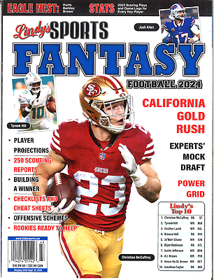 Lindy's Fantasy Football 2024 sports magazine cover featuring football graphics and expert insights for fantasy players.