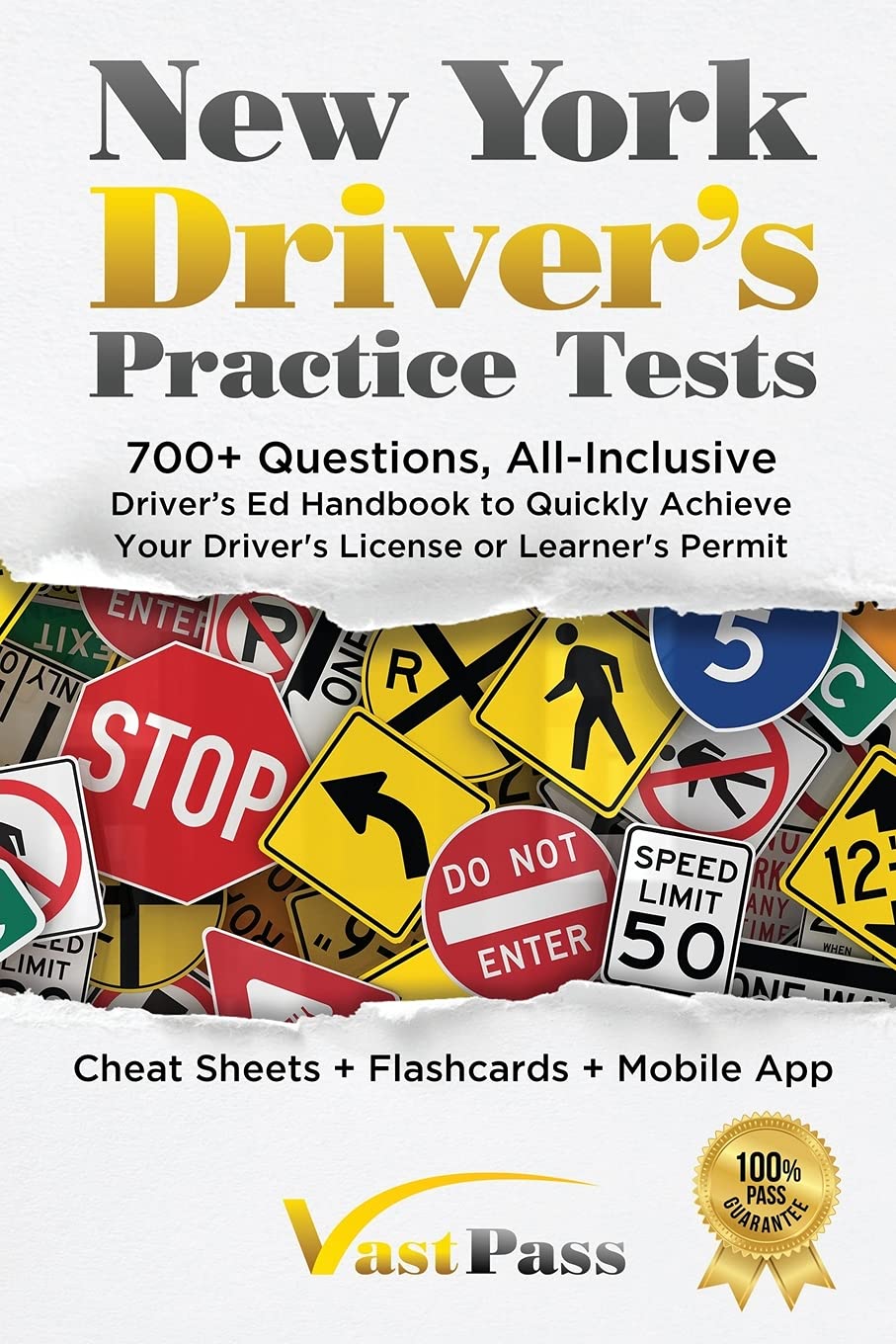 New York Driver's Practice Tests by Stanley Vast, featuring a comprehensive handbook and 700+ questions for learner's permit.
