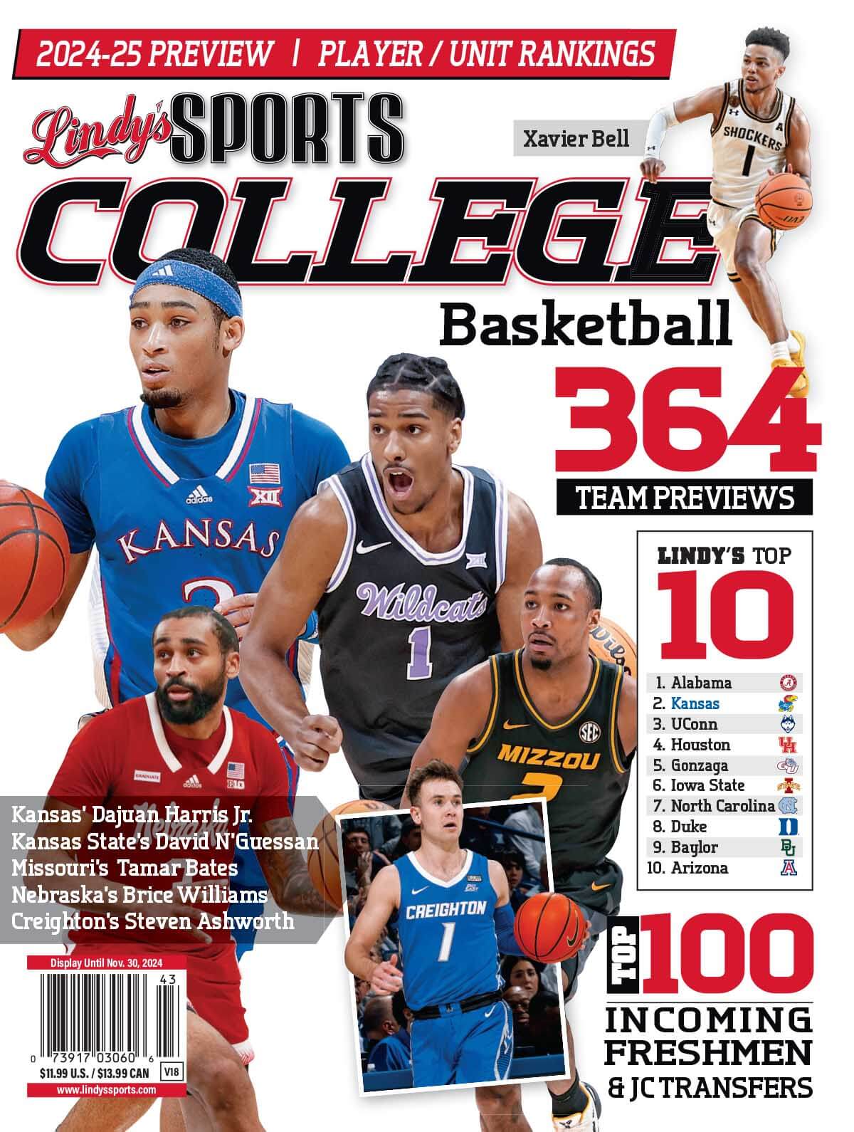 Lindy's Sports College 2025-26 basketball magazine by SureShot Books Publishing, featuring college teams like UCLA, STA, Cal, UNLV.