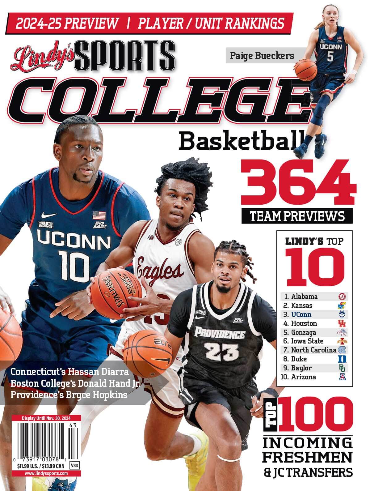Lindy's Sports College 2025-26 basketball magazine by SureShot Books, featuring college teams and player highlights.