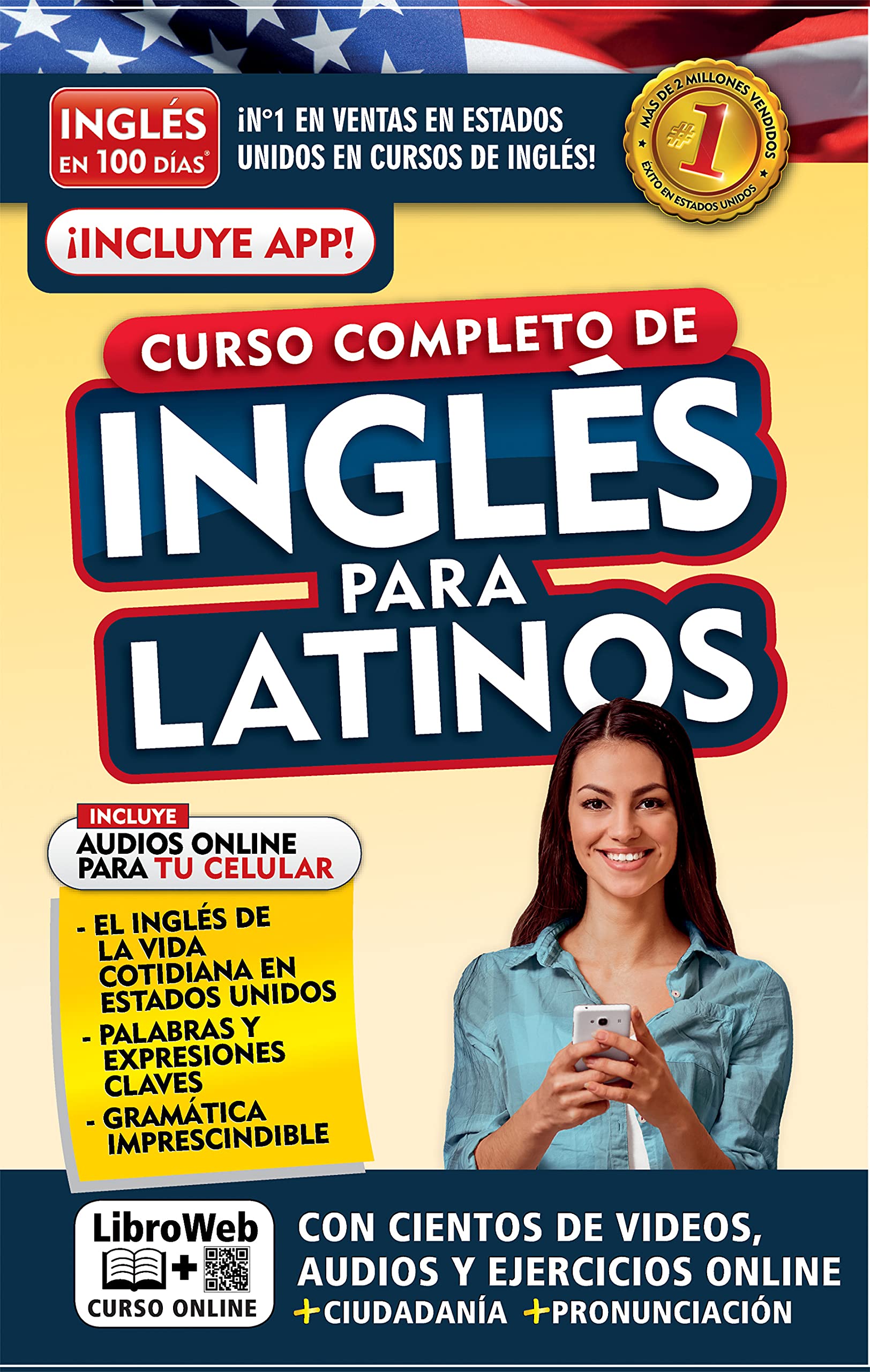 Book cover of "Inglés en 100 Días" by Sureshotbooks, a complete English course for Latinos, featuring bilingual educational content.