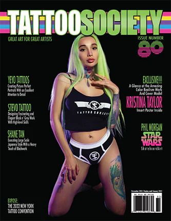 Tattoo Society Magazine Issue 80 featuring vibrant tattoo art and articles on tattoo culture and artists.