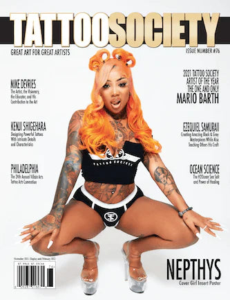 Tattoo Society Magazine Issue 76 featuring vibrant tattoo art and artist profiles on the cover.