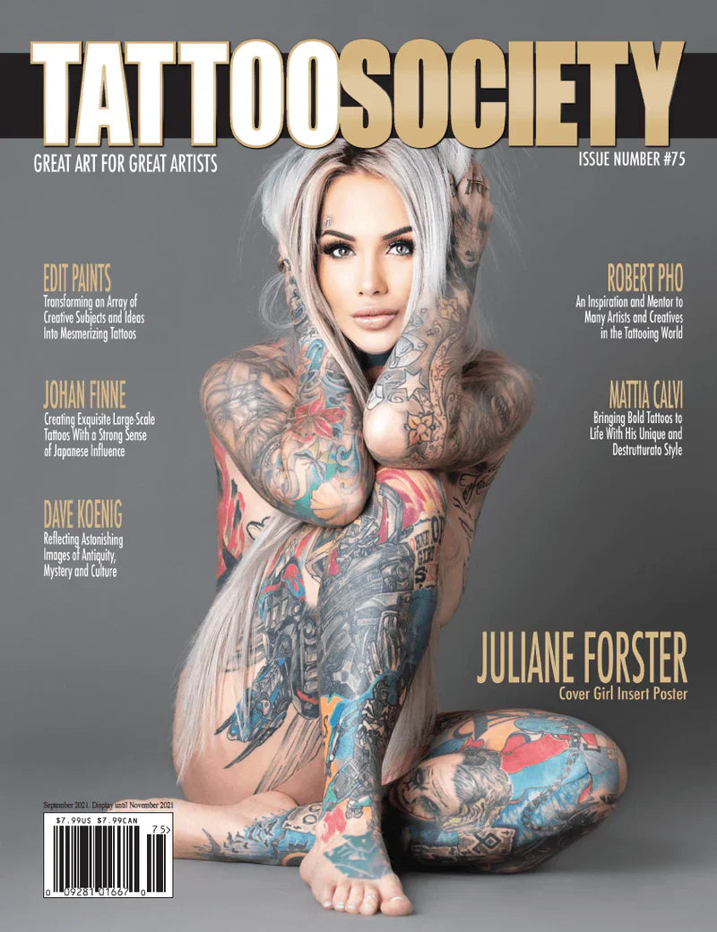 Tattoo Society Magazine Issue 75 featuring vibrant tattoo art and artist profiles on the cover.