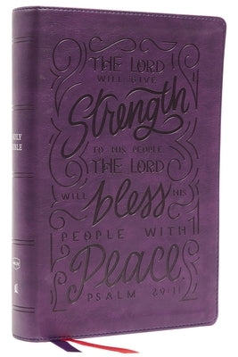 Thomas Nelson NKJV Giant Print Center-Column Reference Bible with purple Leathersoft cover, red letter text, and verse art design.
