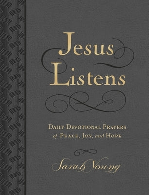 Jesus Listens large-text leather soft devotional book by Thomas Nelson in charcoal with full scriptures and daily prayers.