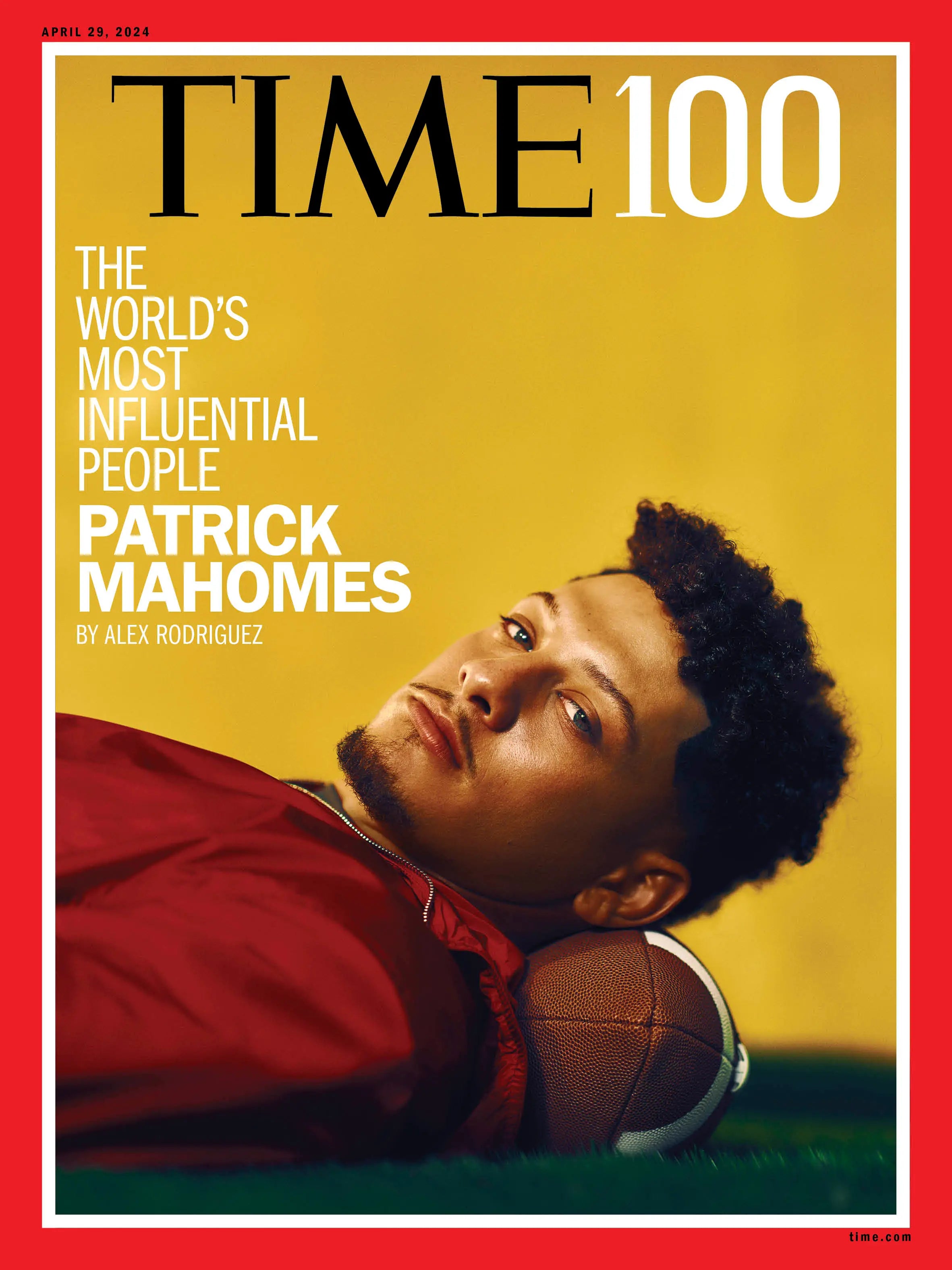 Time Magazine cover featuring Patrick Mahomes, highlighting his impact on football and sports culture.