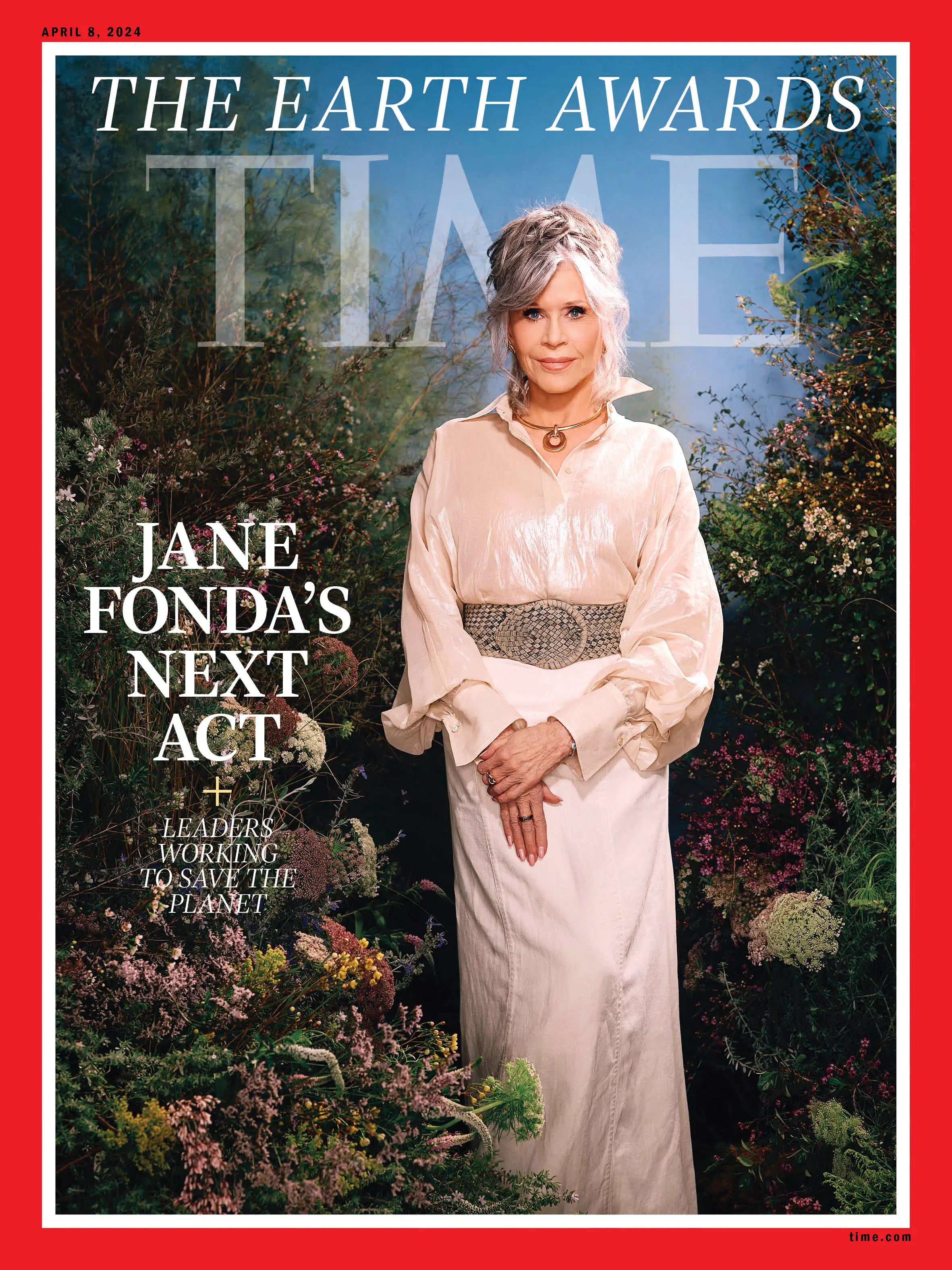 Time Magazine cover featuring Jane Fonda for the Earth Awards, showcasing vibrant colors and engaging design.